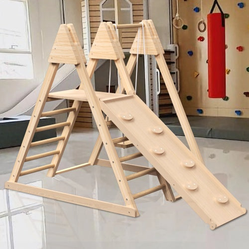 4-in-1 Juniper Indoor Play Gym - Foldable Wooden Jungle Gym with Swing, Slide, Ladder & Climbing Wall