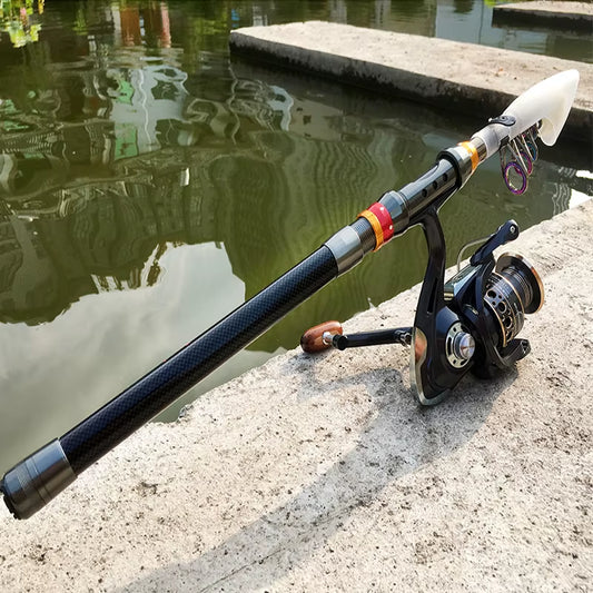 Spinning Fishing Rod and Reel Combo 1.8-3.6M Carbon Fiber Sea Pole and 5.2:1 Gear Ratio Metal Spool with Line Kits for Bass Carp