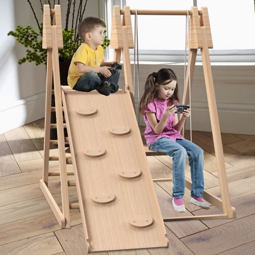 4-in-1 Juniper Indoor Play Gym - Foldable Wooden Jungle Gym with Swing, Slide, Ladder & Climbing Wall