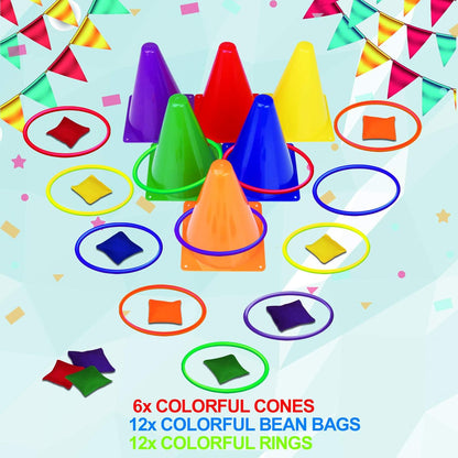 31PCS 3 in 1 Carnival Outdoor Games Combo Set for Kids, Soft Plastic Cones Bean Bags Ring Toss Game, Gift for Birthday Party/Xmas