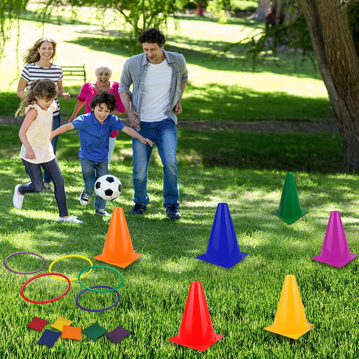 31PCS 3 in 1 Carnival Outdoor Games Combo Set for Kids, Soft Plastic Cones Bean Bags Ring Toss Game, Gift for Birthday Party/Xmas