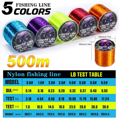 500M Nylon Fishing Line Max Drag 7-38LB Super Stronger Nylon Line Japan Monofilament Saltwater Freshwater Line Pesca